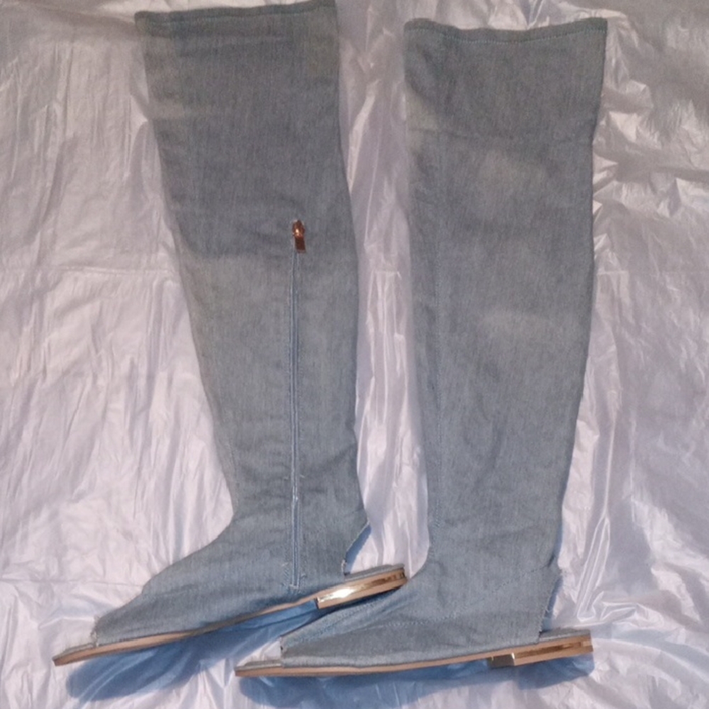 BAMBOO Light Blue Denim Over-the-Knee Boots